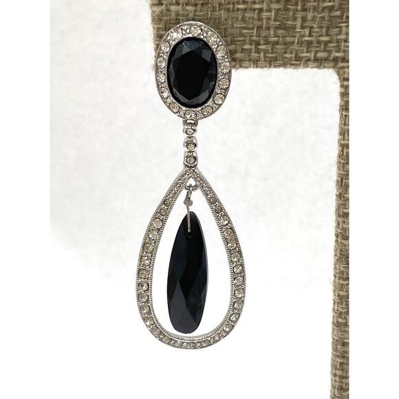 Monet Earrings Dangles Drops Silver Tone Black Rhinestones Pierced - Picture 8 of 10